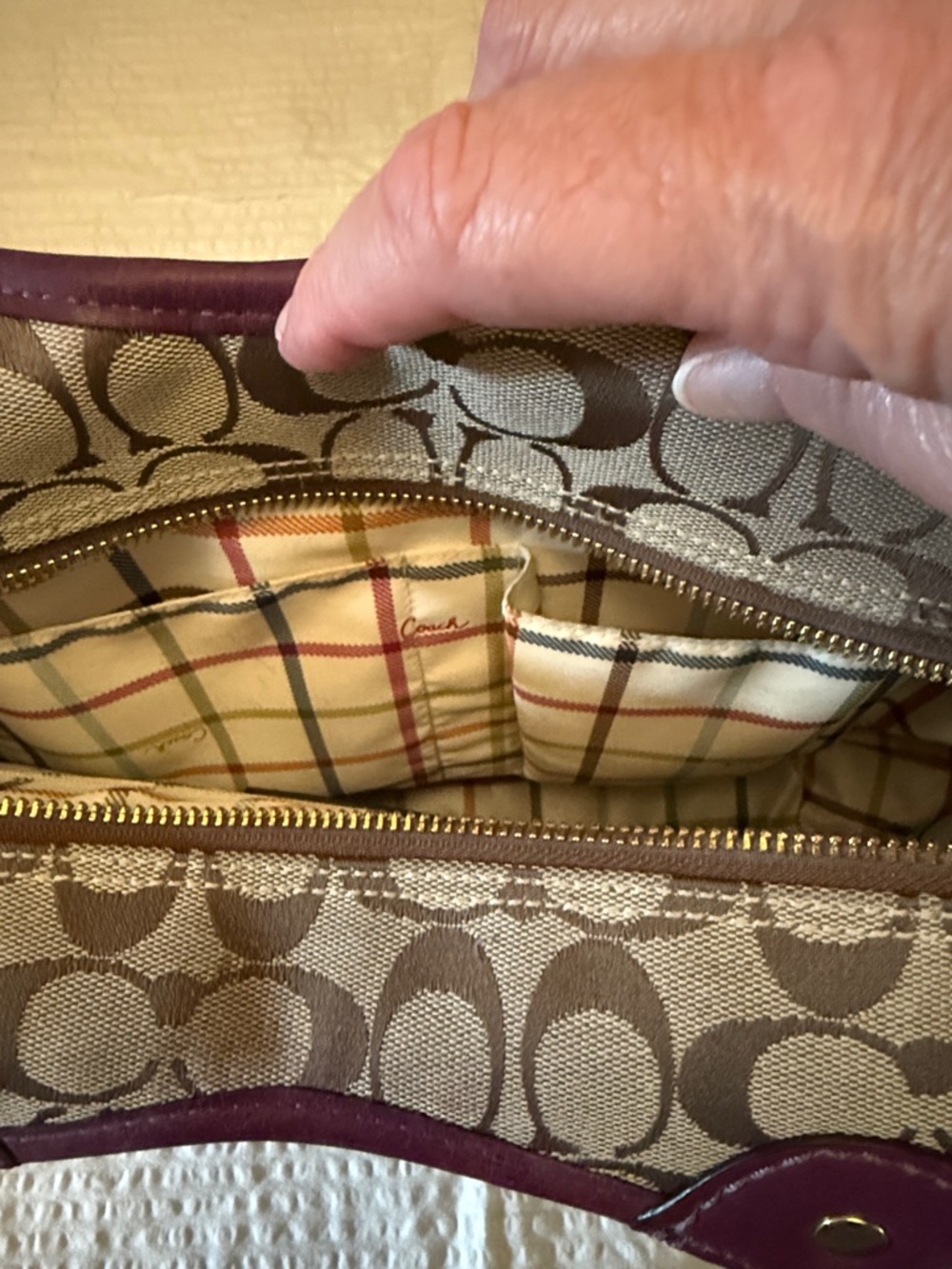COACH Signature Stripe Tote with Plum Leather - Excellent condition! - Picture 8 of 8